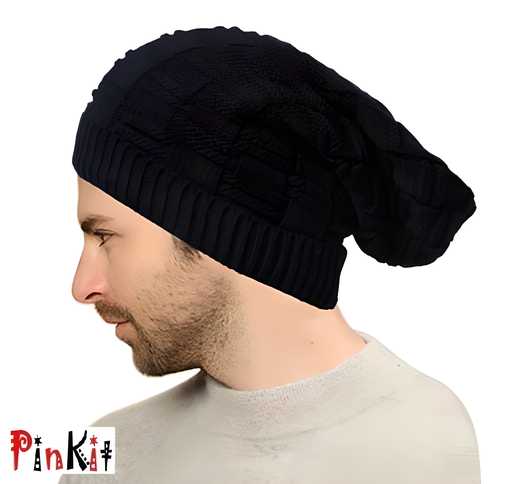 Unisex Stylish Winter Woolen Beanie Cap | Abstract Pattern Black Woven Design