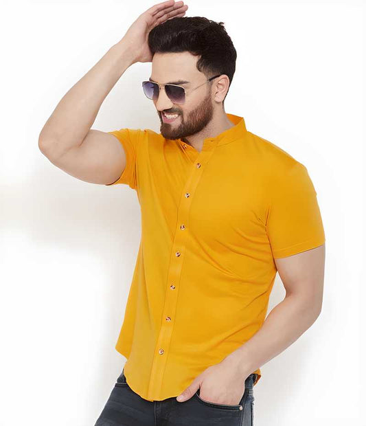 Men’s Solid Yellow Slim Fit Half Sleeve Shirt – Cotton Blend