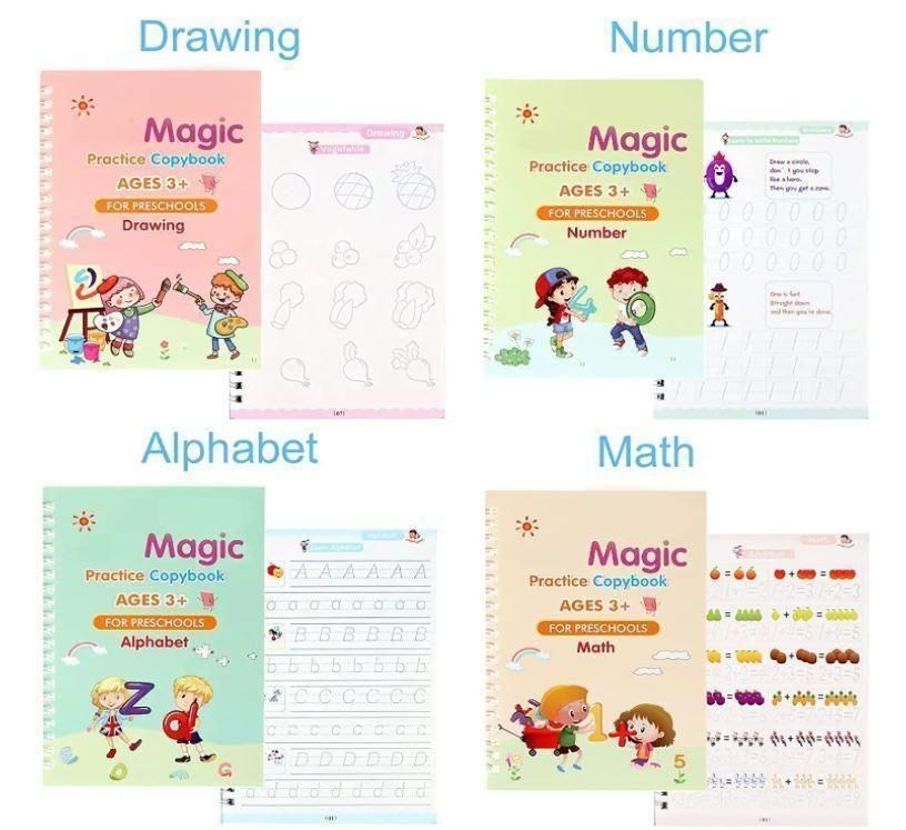 Magic Book Set of 2 - 8 Books, 20 Refills, 2 Pens & 2 Grips for Preschool Learning